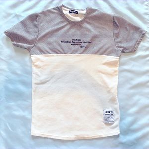 Short-sleeve Tee Shirt. Size XL, White with Black/Gray stripes on the top part.